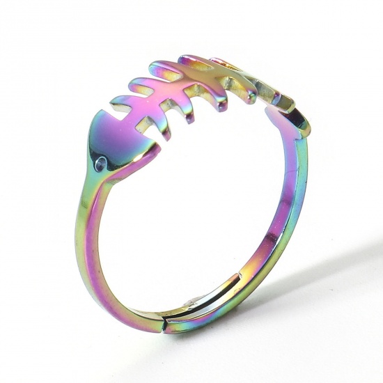 Picture of 2 PCs 304 Stainless Steel Open Adjustable Rings Rainbow Color Plated Fish Bone 16.9mm(US Size 6.5)
