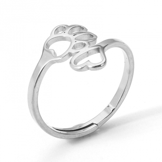 Picture of 2 PCs 304 Stainless Steel Open Adjustable Rings Silver Tone Paw Print 16.9mm(US Size 6.5)