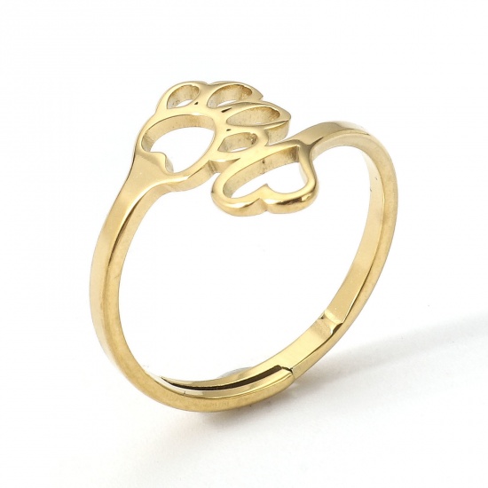 Picture of 2 PCs 304 Stainless Steel Open Adjustable Rings Gold Plated Paw Print 16.9mm(US Size 6.5)