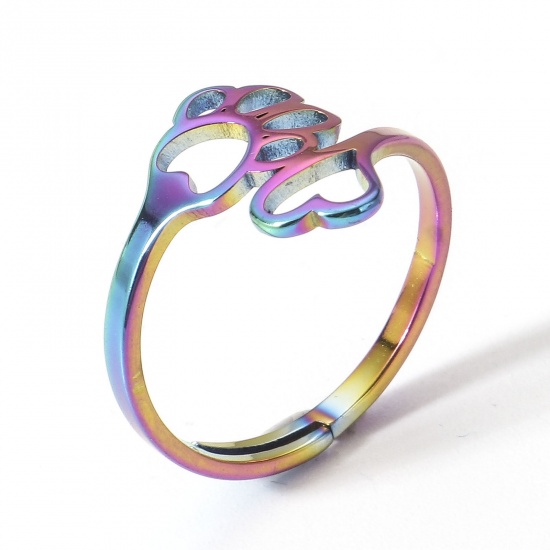 Picture of 2 PCs 304 Stainless Steel Open Adjustable Rings Rainbow Color Plated Paw Print 16.9mm(US Size 6.5)