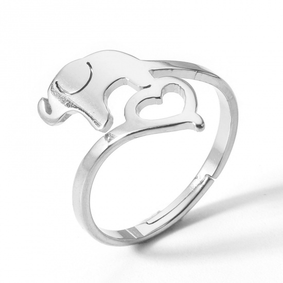 Picture of 2 PCs 304 Stainless Steel Open Adjustable Rings Silver Tone Elephant 16.9mm(US Size 6.5)