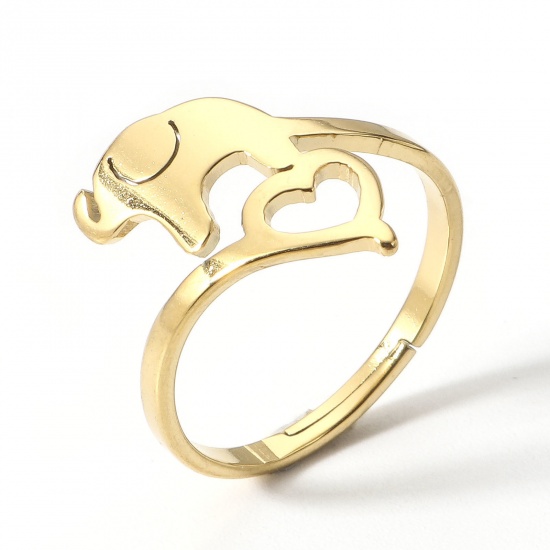 Picture of 2 PCs Vacuum Plating 304 Stainless Steel Open Adjustable Rings Gold Plated Elephant 16.9mm(US Size 6.5)