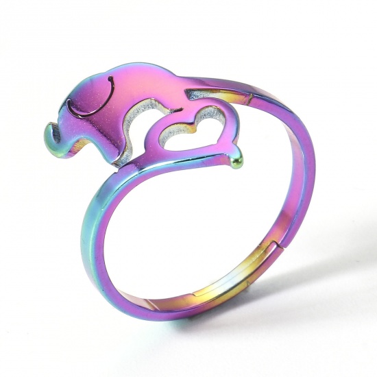 Picture of 2 PCs Vacuum Plating 304 Stainless Steel Open Adjustable Rings Rainbow Color Plated Elephant 16.9mm(US Size 6.5)