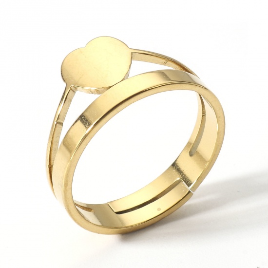 Picture of 2 PCs Vacuum Plating 304 Stainless Steel Open Adjustable Rings Gold Plated Heart 16.9mm(US Size 6.5)