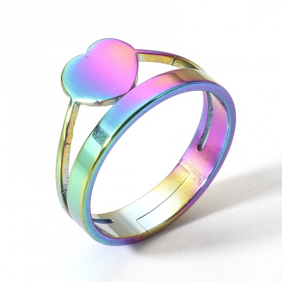 Picture of 2 PCs Vacuum Plating 304 Stainless Steel Open Adjustable Rings Rainbow Color Plated Heart 16.9mm(US Size 6.5)