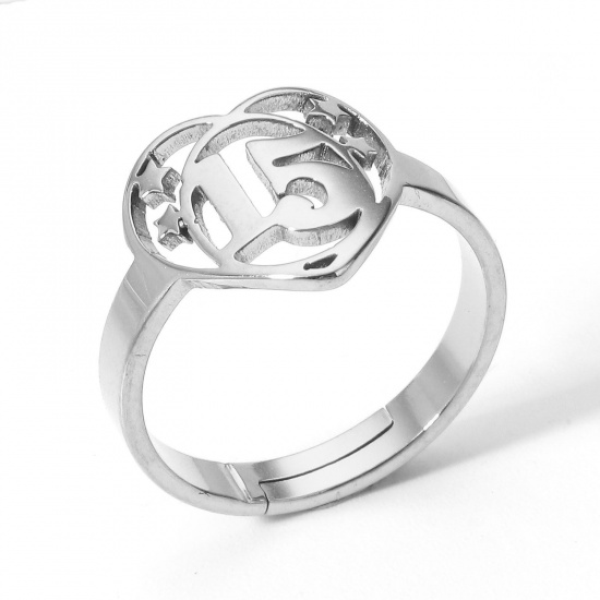 Immagine di 2 Pz 304 Acciaio Inossidabile Aperto Regolabile Anello Tono Argento Cuore Numero Lettere " 15 " 16.9mm (taglia di US: 6.5)