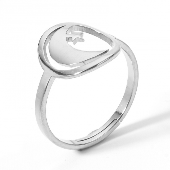 Picture of 2 PCs 304 Stainless Steel Open Adjustable Rings Silver Tone Star And Crescent 16.9mm(US Size 6.5)