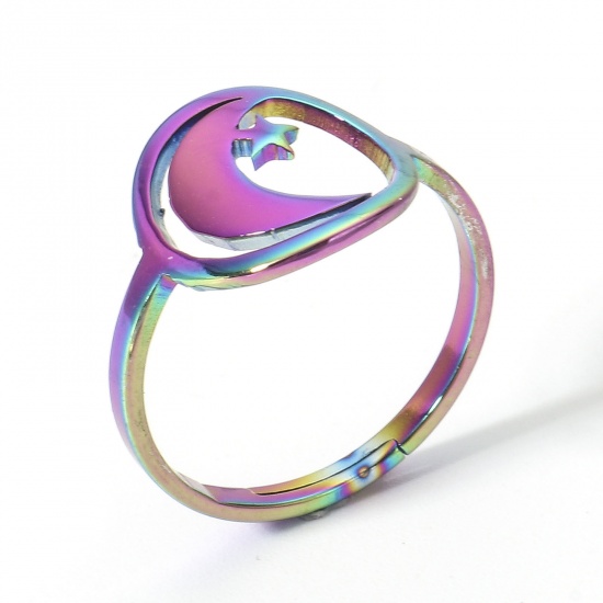 Picture of 2 PCs 304 Stainless Steel Open Adjustable Rings Rainbow Color Plated Star And Crescent 16.9mm(US Size 6.5)