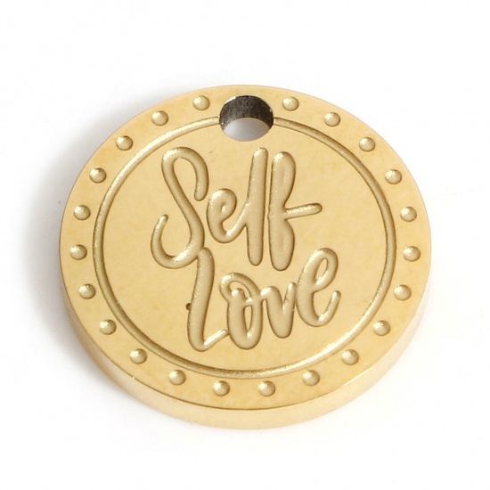 Picture of 316L Stainless Steel Simple Charms Gold Plated Round Message " SELF LOVE " 12mm Dia., 1 Piece