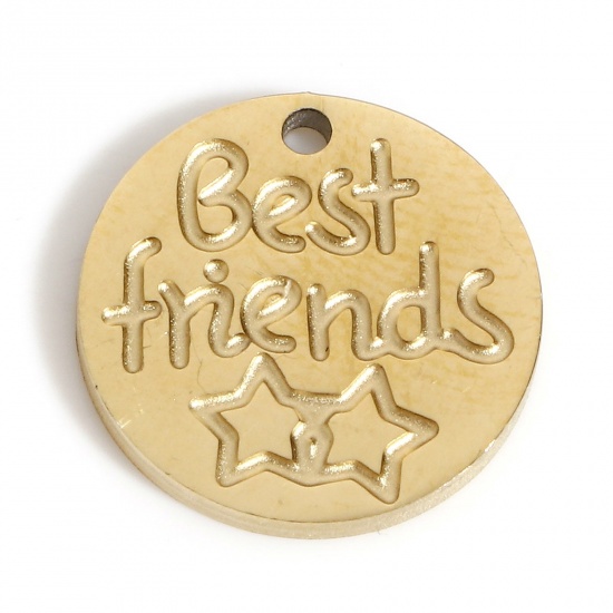 Picture of 316L Stainless Steel Geometry Series Charms Gold Plated Round Pentagram Star Message " BEST FRIENDS " 13mm Dia., 2 PCs