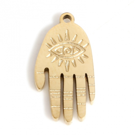Picture of 316L Stainless Steel Religious Charms Gold Plated Hamsa Symbol Hand Evil Eye 14mm x 7mm, 2 PCs