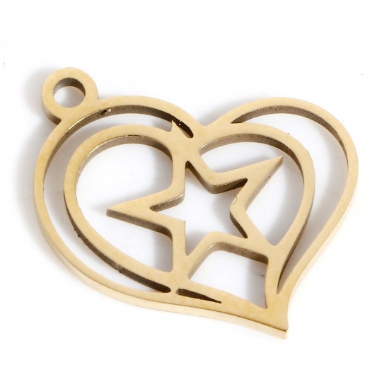 Picture of 316L Stainless Steel Stylish Charms Gold Plated Heart Pentagram Star Hollow 15mm x 11mm, 2 PCs