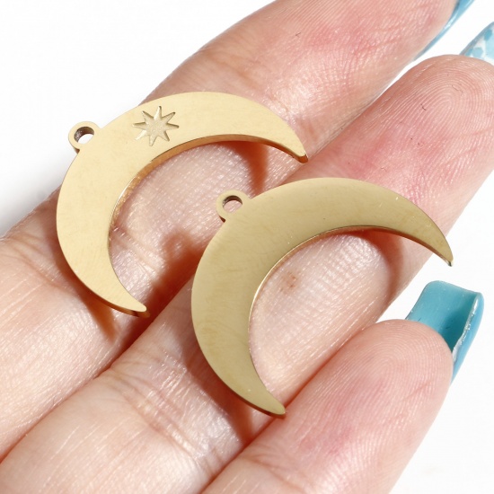 Immagine di 1 Pz Placcatura Sottovuoto PVD Ecologica 316L Acciaio inossidabile Galassia Ciondoli Luna 18K Vero Oro Placcato Stella 21mm x 18mm