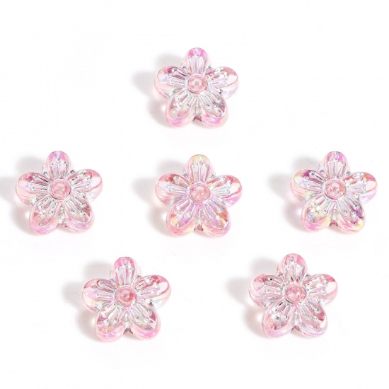 Picture of Acrylic Flora Collection Beads For DIY Charm Jewelry Making Pink Flower AB Color About 16mm x 15mm, Hole: Approx 1.5mm, 20 PCs