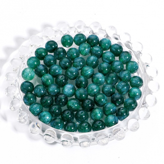 Picture of Acrylic Beads For DIY Jewelry Making Dark Green Round Glitter About 8mm Dia., Hole: Approx 1.5mm, 100 PCs