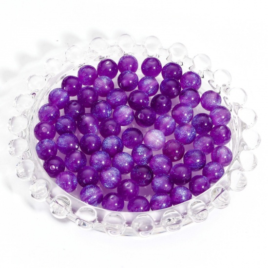 Picture of Acrylic Beads For DIY Jewelry Making Purple Round Glitter About 8mm Dia., Hole: Approx 1.5mm, 100 PCs