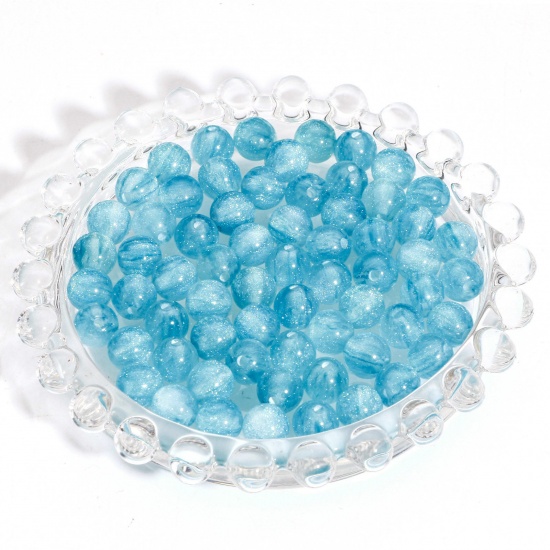 Picture of Acrylic Beads For DIY Jewelry Making Lake Blue Round Glitter About 8mm Dia., Hole: Approx 1.5mm, 100 PCs