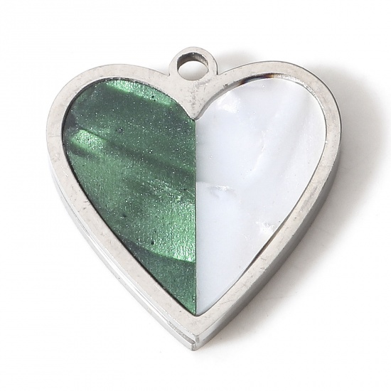 Picture of 304 Stainless Steel Valentine's Day Charms Silver Tone Heart Natural Shell 16mm x 15mm, 1 Piece