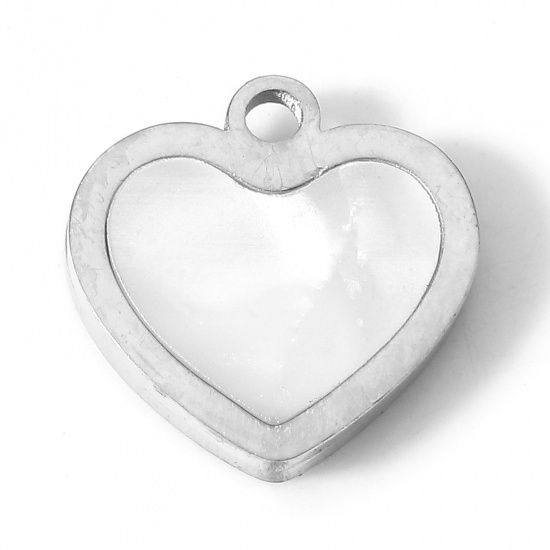 Picture of 304 Stainless Steel Valentine's Day Charms Silver Tone Heart Natural Shell 11mm x 11mm, 1 Piece