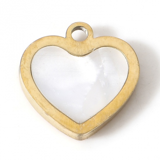 Picture of 1 Piece Vacuum Plating 304 Stainless Steel Valentine's Day Charms 18K Gold Plated Heart Natural Shell 11mm x 11mm