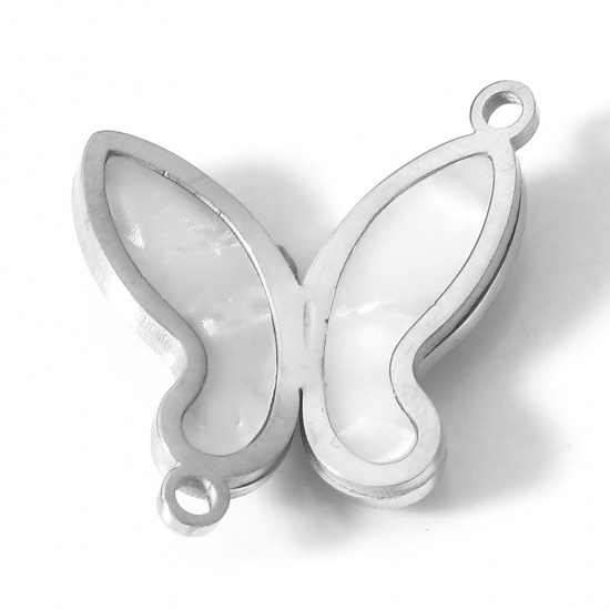 Picture of 304 Stainless Steel Insect Charms Silver Tone Butterfly Animal Natural Shell 18mm x 17mm, 1 Piece