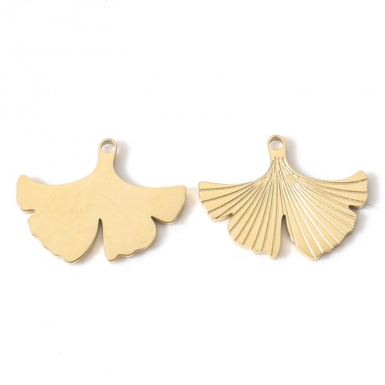 Picture of 1 Piece Vacuum Plating 304 Stainless Steel Flora Collection Charms 18K Gold Plated Gingko Leaf 17mm x 13mm