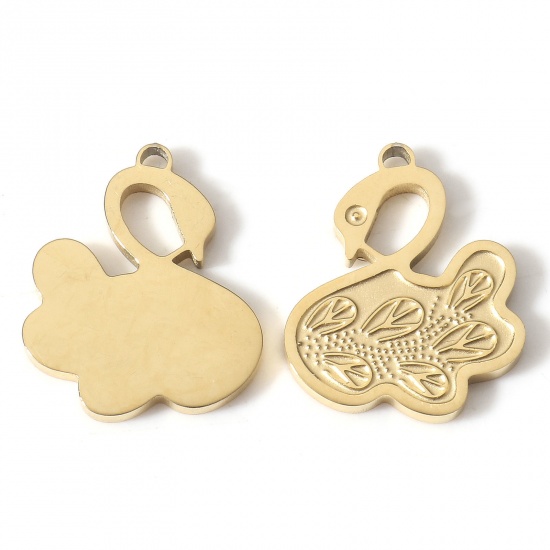 Picture of 1 Piece Vacuum Plating 304 Stainless Steel Charms 18K Gold Plated Swan Animal 16mm x 13mm