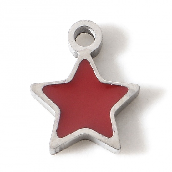 Picture of 304 Stainless Steel Charms Silver Tone Red Pentagram Star Enamel 8.5mm x 7mm, 1 Piece