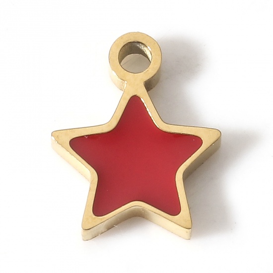 Picture of 1 Piece Vacuum Plating 304 Stainless Steel Charms 18K Gold Plated Red Pentagram Star Enamel 8.5mm x 7mm