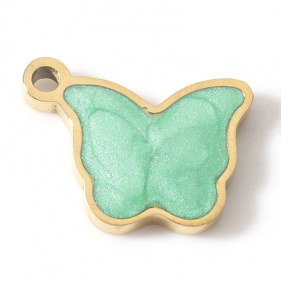 Picture of 1 Piece Vacuum Plating 304 Stainless Steel Charms 18K Gold Plated Green Butterfly Animal Enamel 11mm x 8.5mm