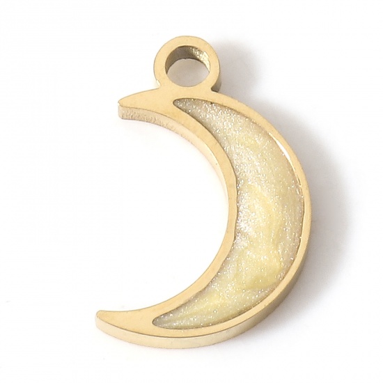 Picture of 1 Piece Vacuum Plating 304 Stainless Steel Charms 18K Gold Plated Beige Half Moon Enamel 11mm x 7mm