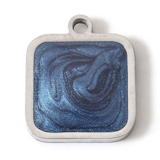 Picture of 304 Stainless Steel Charms Silver Tone Dark Blue Square Enamel 13mm x 11mm, 1 Piece