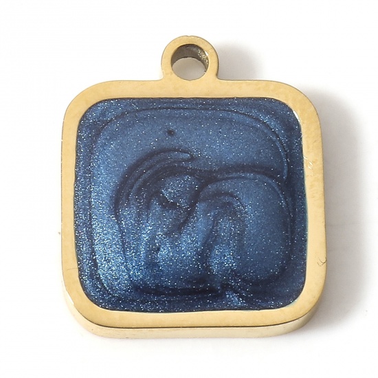 Picture of 1 Piece Vacuum Plating 304 Stainless Steel Charms 18K Gold Plated Dark Blue Square Enamel 13mm x 11mm