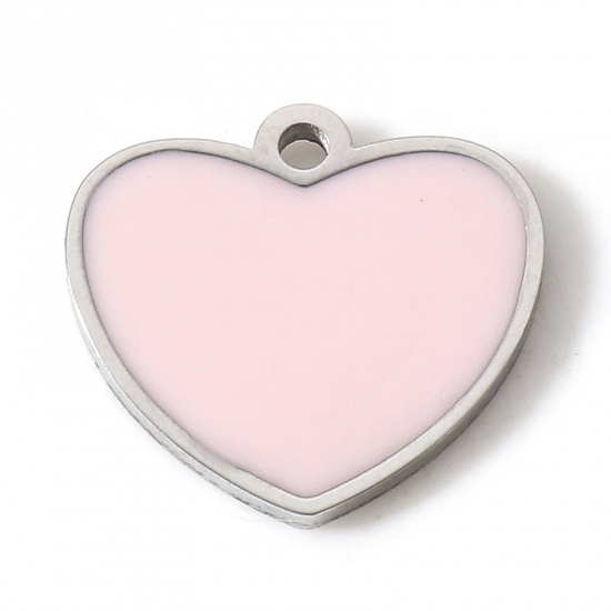 Picture of 304 Stainless Steel Valentine's Day Charms Silver Tone Light Pink Heart Enamel 10mm x 9mm, 1 Piece