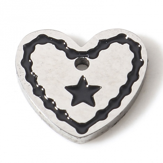 Picture of 304 Stainless Steel Valentine's Day Charms Silver Tone Black Heart Pentagram Star 8mm x 7.5mm, 1 Piece