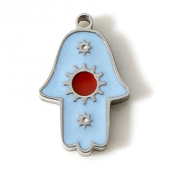 Picture of 304 Stainless Steel Religious Charms Silver Tone Blue Hamsa Symbol Hand Enamel 12mm x 7.5mm, 1 Piece