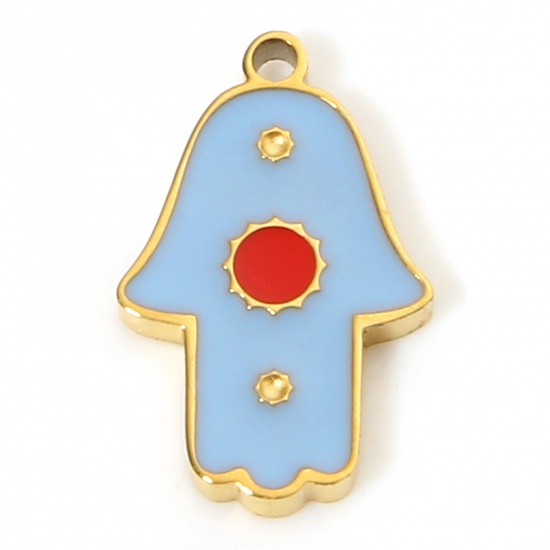 Picture of 304 Stainless Steel Religious Charms 18K Gold Color Blue Hamsa Symbol Hand Enamel 12mm x 7.5mm, 1 Piece