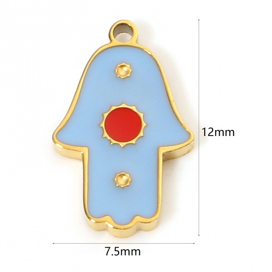 Bild von 1 Stück Umweltfreundliche PVD-Vakuumbeschichtung 304 Edelstahl Religiös Charms 18K Vergoldet Blau Hamsa Symbol Hand Emaille 12mm x 7.5mm