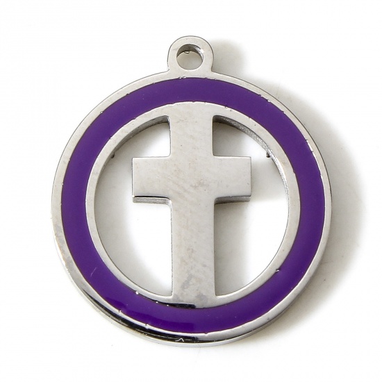 Picture of 304 Stainless Steel Religious Charms Silver Tone Purple Round Cross Enamel 18mm x 16mm, 1 Piece