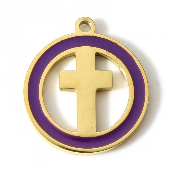 Picture of 304 Stainless Steel Religious Charms 18K Gold Color Purple Round Cross Enamel 18mm x 16mm, 1 Piece