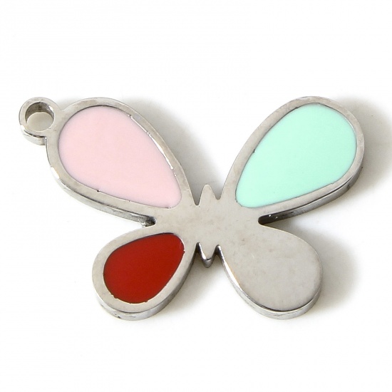 Picture of 304 Stainless Steel Insect Charms Silver Tone Butterfly Animal Enamel 17mm x 11mm, 1 Piece