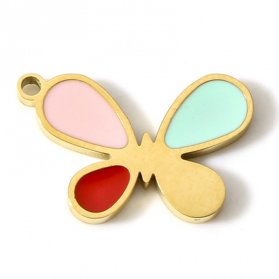 Picture of 304 Stainless Steel Insect Charms 18K Gold Color Butterfly Animal Enamel 17mm x 11mm, 1 Piece