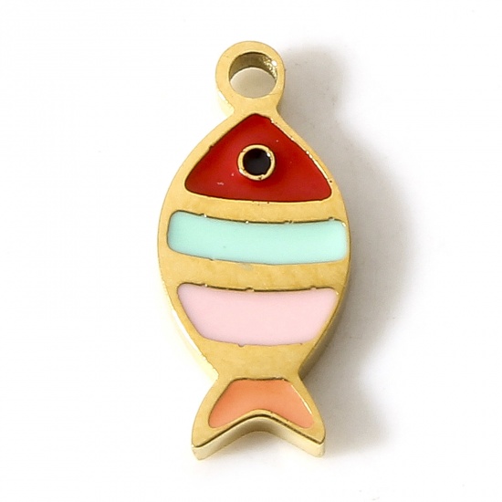 Picture of 304 Stainless Steel Ocean Jewelry Charms 18K Gold Color Fish Animal Enamel 11.5mm x 5mm, 1 Piece