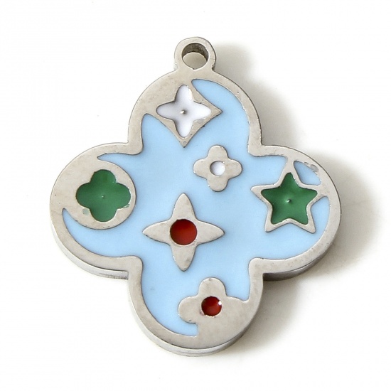 Picture of 304 Stainless Steel Charms Silver Tone Blue Flower Enamel 16mm x 14mm, 1 Piece