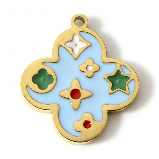 Picture of 304 Stainless Steel Charms 18K Gold Color Blue Flower Enamel 16mm x 14mm, 1 Piece
