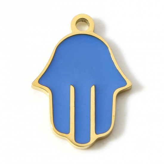 Picture of 304 Stainless Steel Religious Charms 18K Gold Color Blue Hamsa Symbol Hand Enamel 20mm x 14mm, 1 Piece