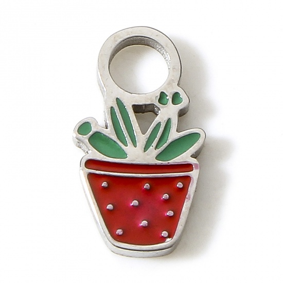 Picture of 304 Stainless Steel Flora Collection Charms Silver Tone Red Pot Plant Enamel 11mm x 6mm, 1 Piece