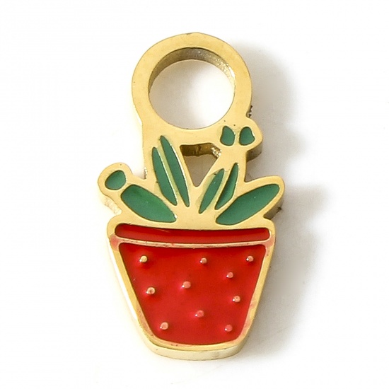 Picture of 304 Stainless Steel Flora Collection Charms 18K Gold Color Red Pot Plant Enamel 11mm x 6mm, 1 Piece