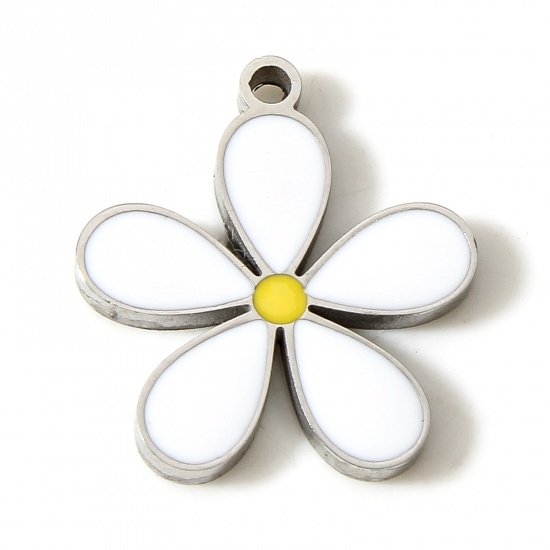 Picture of 304 Stainless Steel Flora Collection Charms Silver Tone White Flower Enamel 15mm x 14mm, 1 Piece