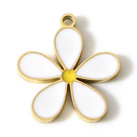 Picture of 1 Piece Eco-friendly PVD Vacuum Plating 304 Stainless Steel Flora Collection Charms 18K Gold Plated White Flower Enamel 15mm x 14mm